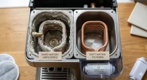 A detailed comparison showing the interior of a coffee machine boiler with heavy limescale buildup from hard water versus a clean, protected copper coil using a filter.