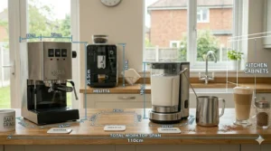A guide showing coffee machine dimensions in centimetres to ensure they fit under standard UK kitchen cabinets.