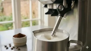 Close-up of a steam wand frothing milk in a stainless steel jug for a latte or cappuccino.