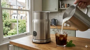 A photorealistic demonstration of the cold frothing setting used to create chilled, aerated milk for a refreshing iced coffee.