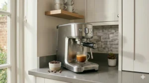 A collection of coffee accessories including a tamper, milk jug, and portafilter used with a sub-£200 espresso maker.