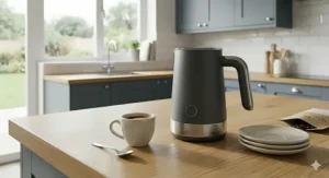 A photorealistic shot on an oak worktop showing the charcoal electric frother in a space-saving setup next to small espresso cups and a stack of saucers.