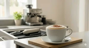 An image showing the compact, space-saving design of an affordable, battery-operated frother stored neatly in a kitchen drawer alongside other utensils.