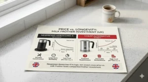 Infographic illustrating the long-term value of a Nespresso frother compared to replacing cheaper models frequently.