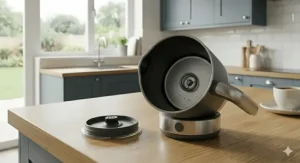 An extreme close-up on an oak worktop focusing on the durable charcoal matte texture and the polished stainless steel band around the base of the frother.
