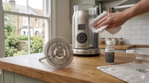 A hand using a soft cloth to wipe down the non-stick interior of a milk frother, highlighting the easy-clean design.