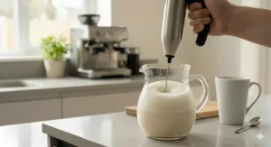 A high-detail photograph demonstrating the simple method of cleaning a handheld milk frother by whisking it in a glass of warm, soapy water.