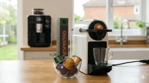 A slim white coffee pod machine with a glass of espresso and a bowl of colourful capsules on a worktop.
