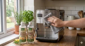 Bottles of biodegradable and eco-friendly coffee machine descaler and grinder cleaner on a wooden kitchen worktop.