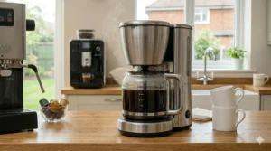 A brushed metal electric filter coffee machine brewing a full glass jug of coffee.