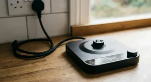 A compact electric gooseneck kettle on its 360-degree swivel base, ideal for small British kitchens.