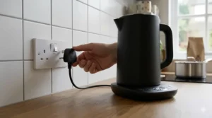 A modern variable temperature kettle plugged into a white UK three-pin wall socket on a tiled kitchen splashback.