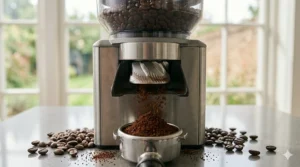 A person pouring a fresh flat white from a coffee machine into a glass cup during a morning routine in a UK home.