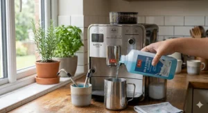 Placing a specialised coffee machine cleaning tablet into the portafilter of an espresso machine for a maintenance cycle.