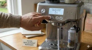 A person's finger pressing a button on a coffee machine digital display that shows a notification stating it is time to change the water filter.