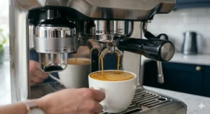 Rich espresso with a golden crema pouring from a dual-spout luxury coffee machine into a white ceramic cup.