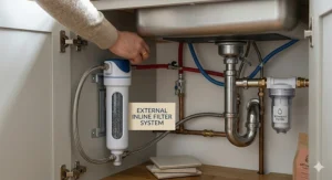 An external inline water filter system installed inside a kitchen cupboard under the sink and connected to a plumbed-in professional coffee machine.