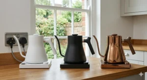 Fellow Stagg kettle colour options including Matte Black and Polished Copper to suit different British kitchen interiors.