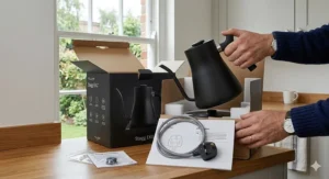 Unboxing the Fellow Stagg EKG kettle in the UK, showing the standard British 3-pin power plug and base.