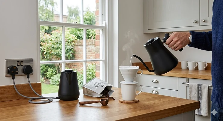 Fellow Stagg EKG electric pour-over kettle on a modern kitchen worktop, part of a UK review discussing if it is worth the price. fellow stagg kettle uk review worth it