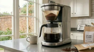 A slimline coffee machine tucked into a small flat kitchen, showing how to save worktop space without spending over £200.