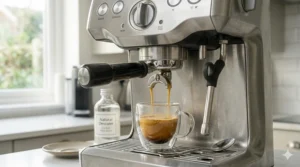A perfect espresso pour with rich crema into a glass cup after using a coffee machine descaler.