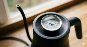 An affordable gooseneck kettle with a built-in lid thermometer showing the optimal temperature for brewing speciality coffee.