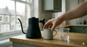 An illustration showing the 1-litre capacity of a gooseneck kettle next to a standard UK mug for scale.