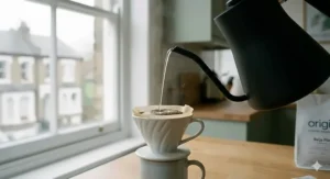 A close-up of a stainless steel gooseneck kettle pouring a thin stream of water into a V60 coffee dripper.