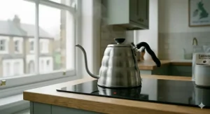 Close-up of an electric gooseneck kettle heating on a kitchen worktop, highlighting the safety features and UK power connection.