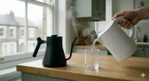 A side-by-side comparison showing the spout differences between a gooseneck kettle and a standard jug kettle.