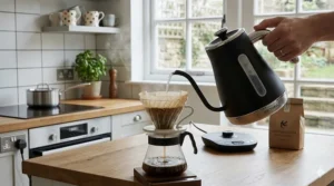 A close-up of a gooseneck variable temperature coffee kettle pouring a steady stream of hot water into a ceramic pour-over dripper.