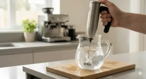 Close-up of a handheld milk frother whisking dairy milk to create a thick, velvety foam in a glass jug for café-style coffee at home.