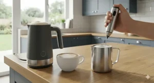 A side-by-side comparison on an oak worktop: a running electric jug milk frother producing creamy foam, beside a handheld silver whisk frother in a pitcher.