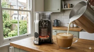 A detailed cross-section illustration showing the internal heating element of a milk frother creating thick hot foam for a café latte.