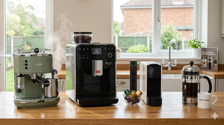 A selection of modern coffee machines including a bean-to-cup and a pod machine on a wooden kitchen worktop. how to choose a coffee machine