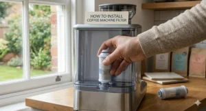 A close-up showing a person's hand carefully installing a new water filter into the removable water tank of a modern stainless steel espresso machine.