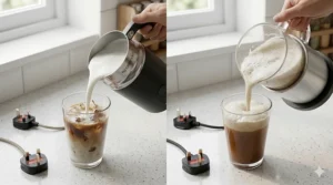 Making a cold-foam iced coffee using the dedicated cold froth setting on a Nespresso Aeroccino.