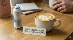 A steaming cup of freshly brewed coffee with latte art sitting next to a water filter to illustrate the improved flavour achieved by using filtered British tap water.