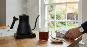 A steaming cup of speciality coffee next to the Fellow Stagg kettle, illustrating the final verdict of the UK review.