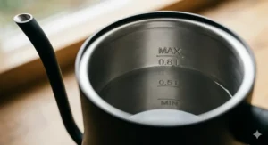 The interior of a budget-friendly gooseneck kettle showing clear water level markings to prevent overfilling.