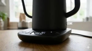A clear water level window on the side of an electric kettle showing measurements in litres for precise coffee brewing.