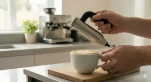 A high-detail view of a home barista pouring frothed milk from a glass jug into a ceramic coffee cup to create a simple latte art rosette pattern.