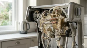 Close-up of white limescale deposits inside a coffee machine heating element caused by hard water.