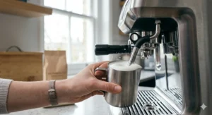 A professional stainless steel steam wand frothing milk in a metal jug for a latte in a bright, modern kitchen.