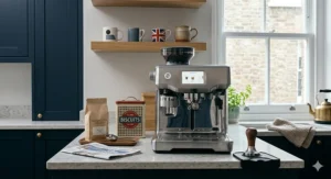 A stylish UK home coffee station with a luxury machine, a vintage biscuit tin, and Union Jack mugs on open wooden shelving.