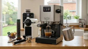 A classic stainless steel manual espresso machine with a milk steaming wand and a metal milk jug.