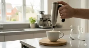 A size comparison of a handheld milk frother next to a standard white ceramic coffee mug to demonstrate its ergonomic, space-saving design.