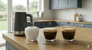 A technical comparison diagram on an oak worktop showing the electric frother next to three glass cups labelled 'Airy', 'Creamy', and 'Microfoam & Dense'.