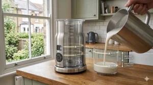 An illustration of a milk frother's internal jug showing clear metric fill levels for both heating and frothing capacities.